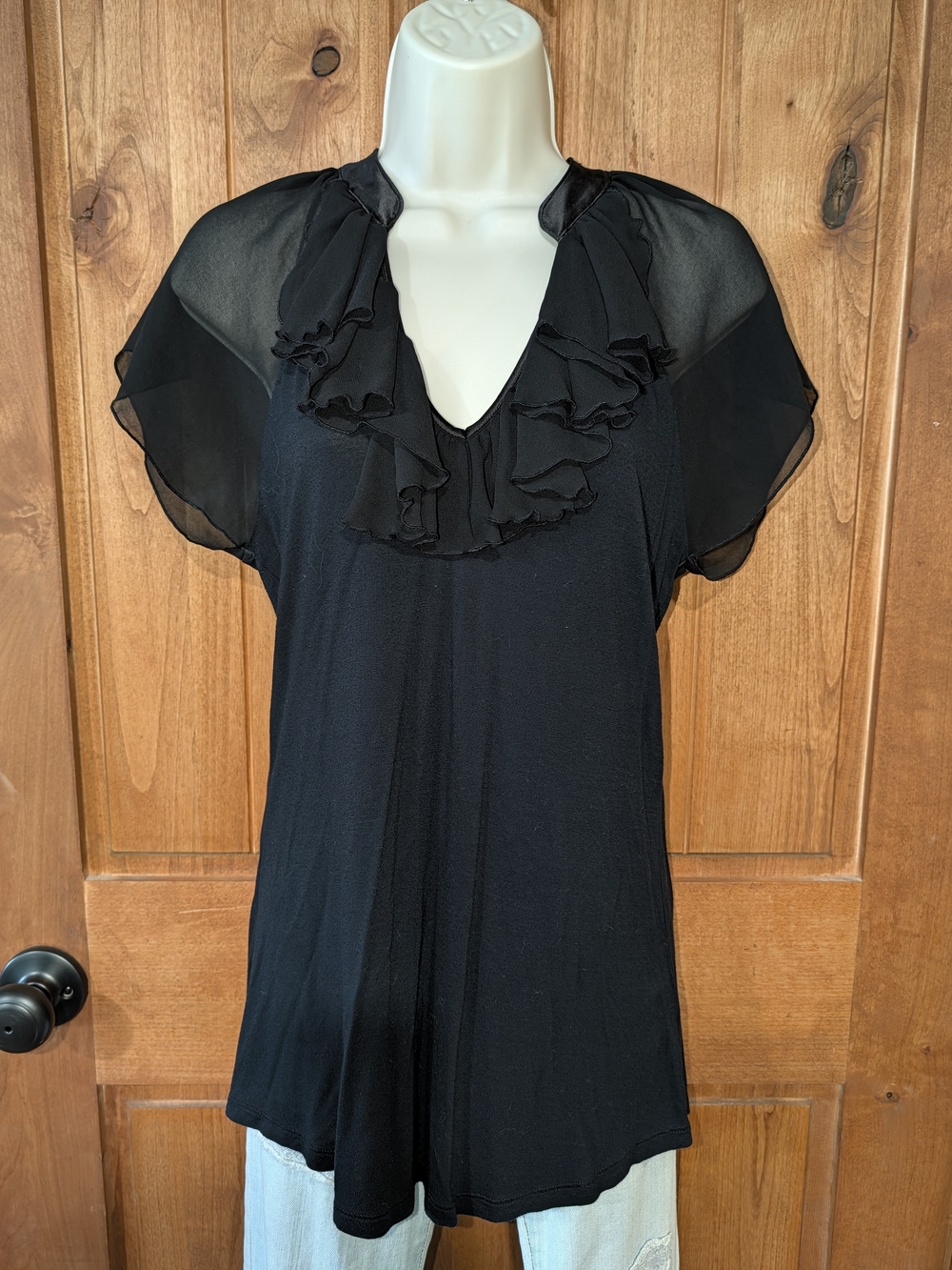 Express Black Ruffle Front Sheer Sleeve Blouse